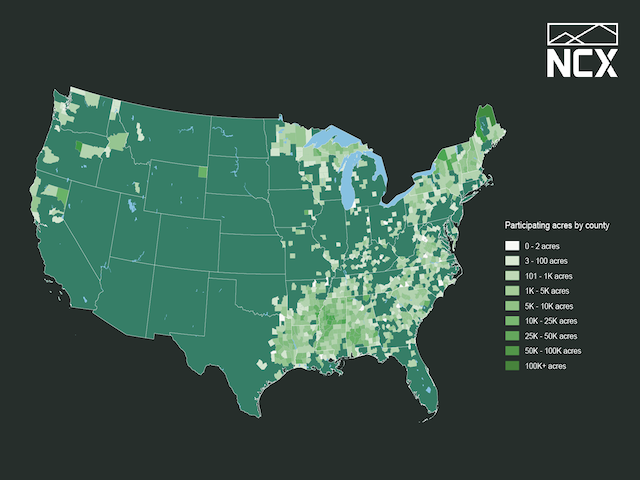 Map of the conterminus United States showing counties with NCX enrolled landowners